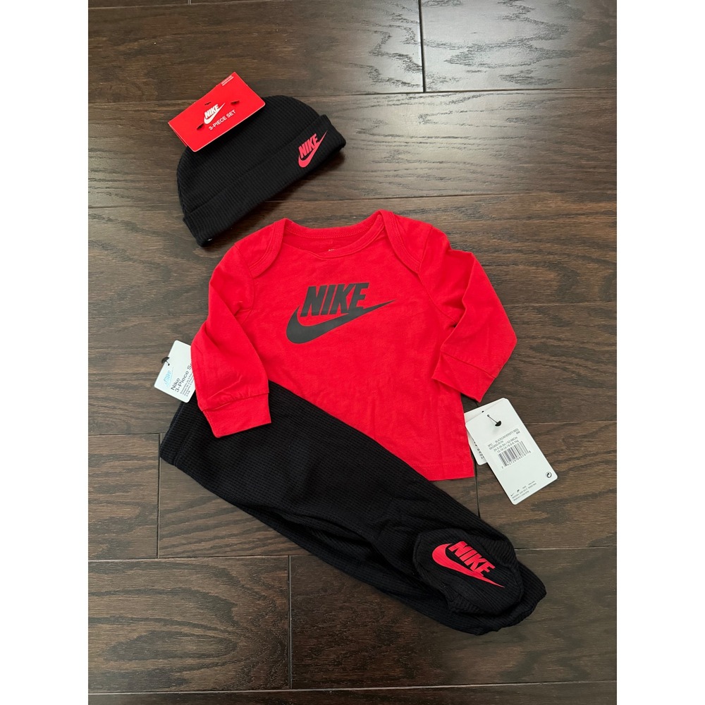 Nike 3-Piece Set Baby Red Black Bodysuit Footed Leggings Beanie 3-6M NN0902-U10